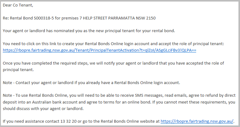 example of activation email for new Co-tenant